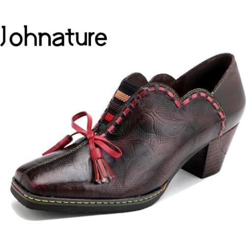 Johnature Pumps Women Shoes Genuine Leather High Heels Elastic Band Square Toe Retro 2021 New Handmade Concise Ladies Shoes