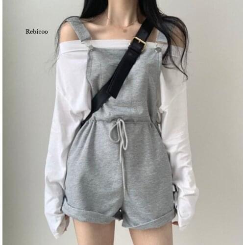 Two Pieces Sweatsuits for Women Off Shoulder Long Sleeve T-shirts + Lace Up Waist Palysuits Korean Sets