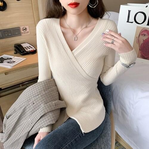 Fall 2021 Womens Fashion Long Sleeve Knitted Sweater Sexy Autumn V-neck Black White Y2K Jumper Top Female Pullover Pull Femme