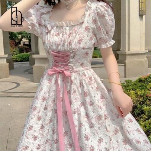 Elegant Floral Dress Women Lace Up Korean Princess Fairy Sweet Midi Dress Bandage Chic Designer Puff Sleeve Casual Dress Summer