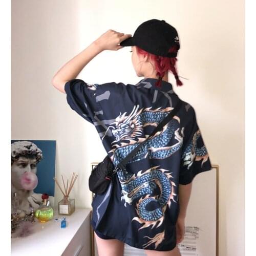 2020 Spring Summer Harajuku Women blouses BF oversize Fashion Streetwear Tops Brand design Dragon Print Short Sleeve Shirts