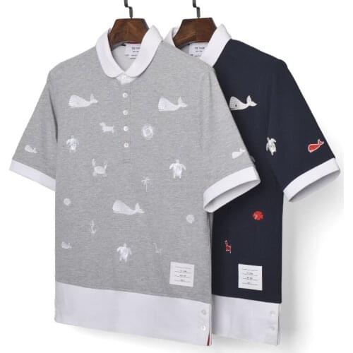 2021 Fashion TB THOM Brand T-shirt Turn-down Collar Patchwork Short-sleeved T-shirt Men Cotton Shark Embroidery Summer Clothing