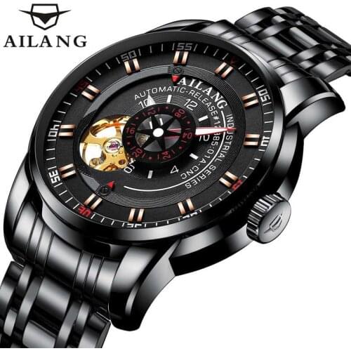 AILANG Luminous Fashion Business Waterproof Relogio Masculino Automatic Skeleton Clock Mens Watches Top Brand Luxury Black 8601