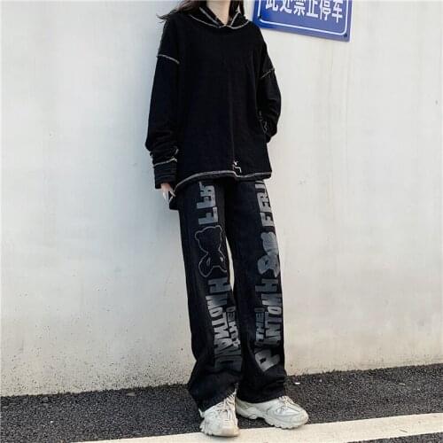 Korean Version Of Rtro Jeans ins Front And Back Print Dark High Street Men And Women Street Casual Loose Straight-Leg Pants