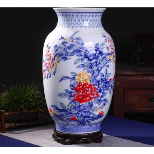 Euorpean Modern Handpaint White and Blue Peony Large Floor Vase Ceramic Home Furnishing Articles Ornament Accessory No Base
