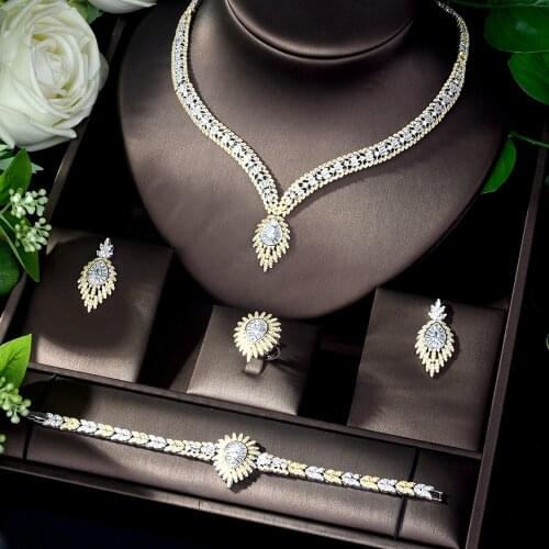 HIBRIDE Luxury Dubai 2 Tones Jewelry Sets for Women Elegant Zircon Paved Bride 4pcs Wedding Sets parrure bijoux femme N-188