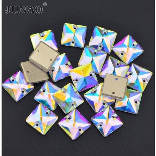 JUNAO 12 14 16 22mm Sewing Square Crystal AB Rhinestone Glass Stone Applique Sewn Strass Diamond for DIY Needlework Clothes