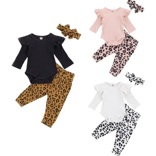 Lioraitiin 0-18M Infant Baby Girl Fashion 3Pcs Spring Autumn Clothing Set Long Sleeve Solid Cotton Romper Leopard Printed Pant