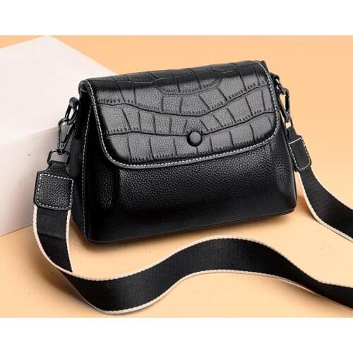Leather Handbags For Women 2021 Cowhide Summer Fashion Small Shoulder Bags New Style Wide Shoulder Belt Black Messenger Bag