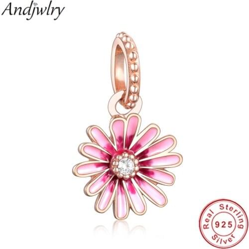 Fit Pandora Charms Bracelet 925 Sterling Silver Original Pink Daisy Flower Dangle Charm Pendant DIY Jewelry Berloque