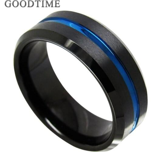 Fashion Tungsten Carbide Ring For Men Bands Engagement Wedding For Male Electroplating Black With Blue Tungsten Ring
