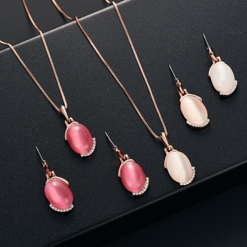 Classic fashion popular jewelry set oval cats eye hibiscus inlaid rhinestone earrings necklace wedding jewelry set