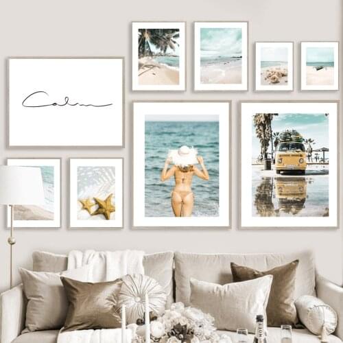 Summer Beach Girl Conch Starfish Sailboat Bus Nordic Posters And Prints Art Canvas Painting Wall Pictures For Living Room Decor