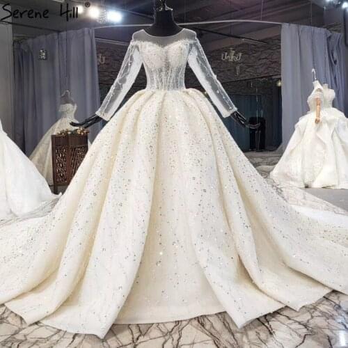 Luxury Ivory Long Sleeves Dubai Wedding Dresses 2020 High-end Beading Pearls Sparkle Bridal Gowns HX0187 Custom Made