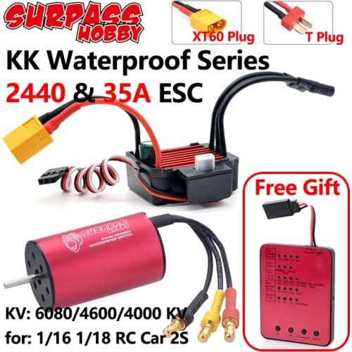 Surpass Hobby KK Waterproof ESC Brushless Motor 2440 4000/4600/6080KV with 35A ESC XT60 Programming Card for RC Car 1/16 1/18 2S