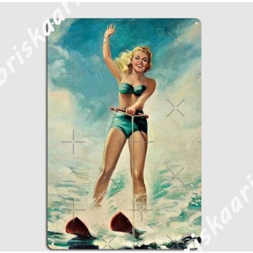 Vintage Pin Up Girls Pinup Style Beautiful Girl At The Sea In A Bathing Suit Poster Metal Plaque Poster Home Tin sign Poster