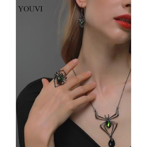 YOUVI Green Crystal Halloween Spider Necklace for Women Men Fashion Halloween Earrings Rings Charm Jewelry Set Choker Necklace