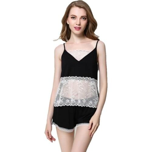 Free Shipping 2016 New Design womens Summer Pajamas Set Fashion ultra-thin Lace Patchwork Sleeveless Two Pieces Nightwear Hot