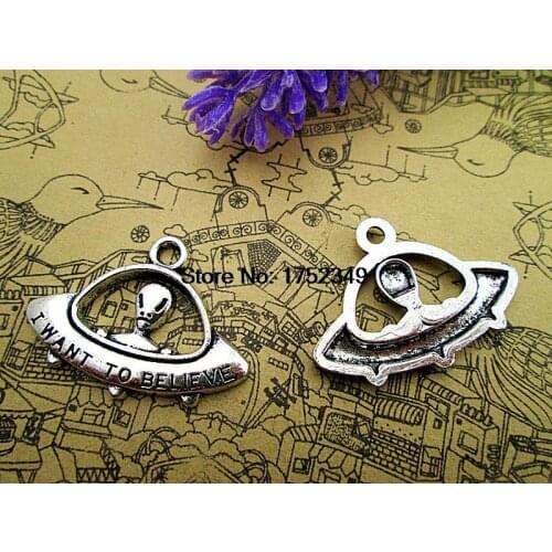 75pcs-- Alien UFO Charms Antique Tibetan silver i want to believe Charms pendants ,DIY Supplies 31x24mm