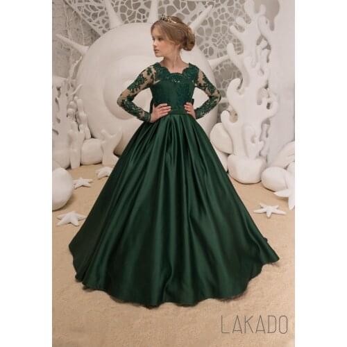 Satin Dark Green Ball Gown Kids Pageant Dress with Lace Long Sleeves for Girls Aged 4-12 Years