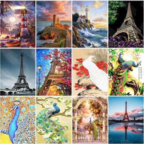 Diy Diamond Painting Beautiful Magnificent Seaside Lighthouse Beautiful White Color Peacock Western-Style Building Tower Mural