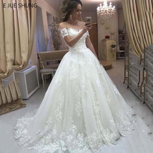 E JUE SHUNG Elegant Wedding Dresses Capped Sleeves Lace Appliques Back Lace Up Ball Gown Plus Size Custom Made Bridal Gowns