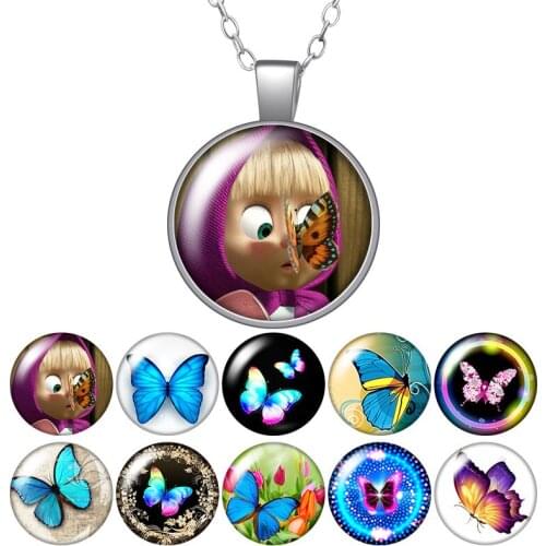 Fashion Beauty Butterfly Photo Pendant Necklace 25mm Glass Cabochon Women Girl Jewelry Silver color/Bronze/Crystal pendant Gift