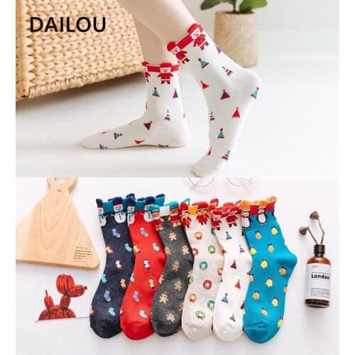 Cartoon Christmas Women Socks Kawaii Cute Sweet Tube Sock Happy Funny Candy Color Cotton Socks Popsocket Original Christmas Gift