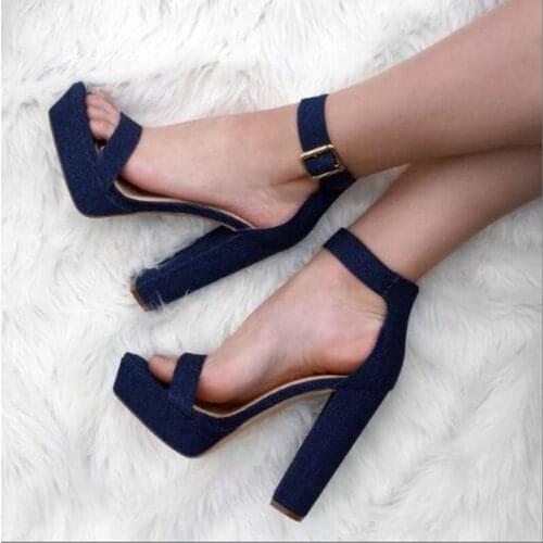 SHOFOO shoes,Fashion lady sandals, denim, about 14.5cm high-heeled sandals, womens sandals, banquet womens shoes. SIZE:34-45