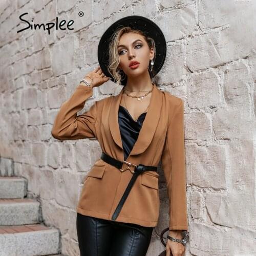 Simplee Autumn Shawl Collar Office Ladies Coat Solid Brown Skinny Belt Women Tailored Coat Long Regular Sleeves Female Coat