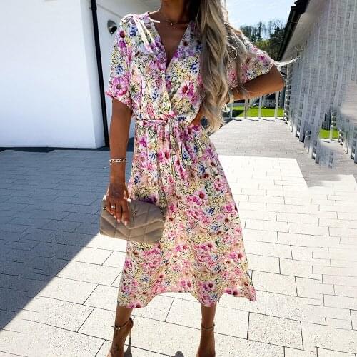 Summer Ladies Boho Flower Print Dress V-neck Short Sleeve Midi Dresses For Women Casual Fashion Beach Sundress 2021 Robe Femme