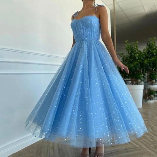 Pleats Beads Applqiues Sweetheart Spaghetti Straps Tulle Tea Length Prom Dress A-Line Evening Gowns