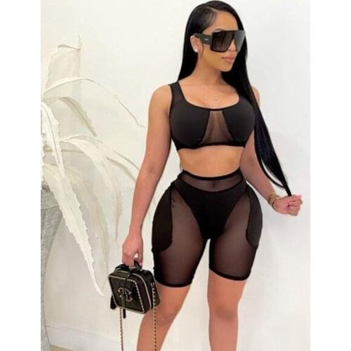 Sheer Mesh Skinny Sexy Shorts Set Women Color Patchwork See-through Bodycon 2 Piece Set Women Club Shorts and Tank Crop Top Set