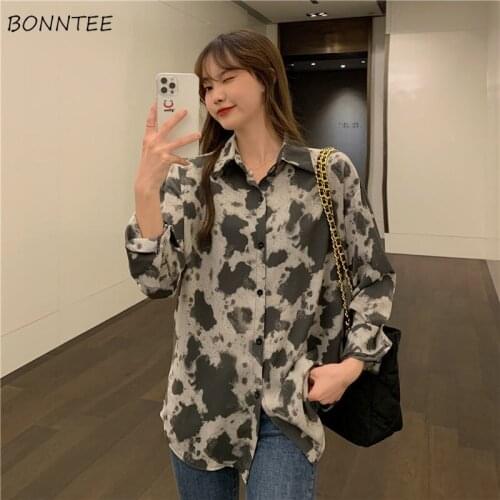 Shirts Women Long Sleeve Print Turn-down Collar Ulzzang Button Up Stylish Streetwear Harajuku Spring Comfort Mujer Korean Style