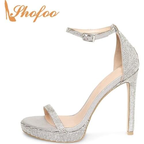 Silver Crystal High Thin Heels Platform Dress Sandals Woman Large Size 14 16 Ladies Ankle Strap Buckle Rhinestone Shoes Shofoo