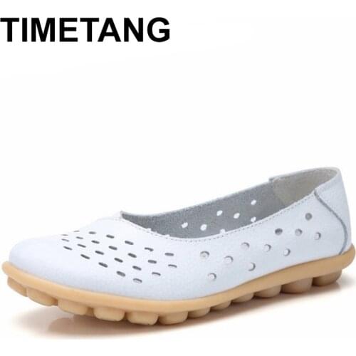 TIMETANGGenuine Leather Women Flats New Cut-Outs Summer Shoes Woman Hollow Womens Loafers Female Solid Shoe Large Size35-44E701
