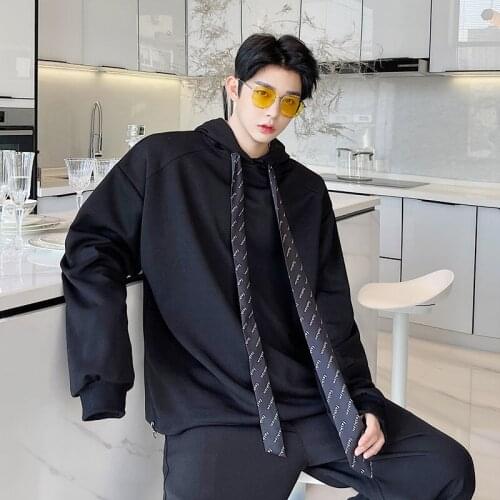 Mens Fashion Tie Decor Hooded Long Sleeve Loose Hoodies Youth Casual Pullover Sweatshirt Black White