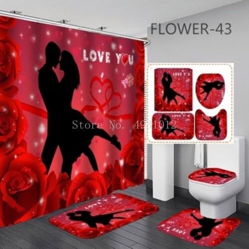 Valentines Day Explosion Model Digital Printing Waterproof Polyester Bathroom Toilet Shower Curtain 4-Piece Set