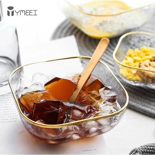 YMEEI Square Glass Bowl Snacks Desserts Tableware Fruit Salad Food Storage Gold Edge Glass Bowl Home Decoration Tableware