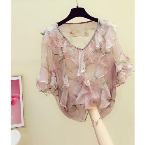 Beaded Neck Ruffles Flaral Women Blouse 2020 Summer New V-Neck Short-Sleeved Loose Lady Elegant Pulls Outwear Coat Tops