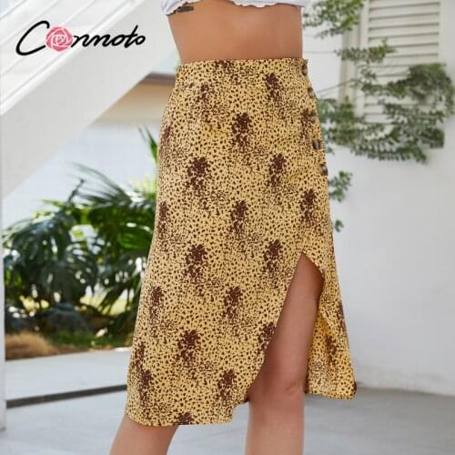 Conmoto boho beach casual summer 2020 women skirts yellow feminino button high waist midi skirts slit ladies plus size skirt