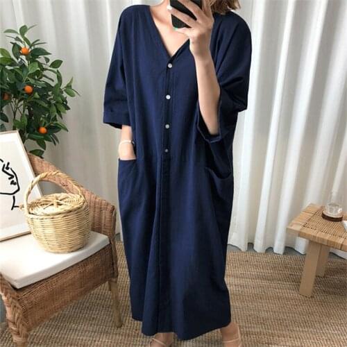 IHOBBY Women Oversized Loose Dress V Neck Single Breasted Maxi Dress 2021 Short Sleeve Harujuku Solid Color Simple Vestidos