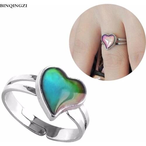 BINQINGZI Temperature mood ring heart Women men gilrs opal adjustable wedding anel silver Color Changing fashion jewelry 2018