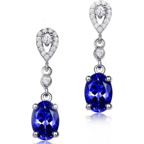 FYJS Unique Silver Plated Oval Shape Section Blue Crystal Stud Earrings for Women with Rhinestone Jewelry