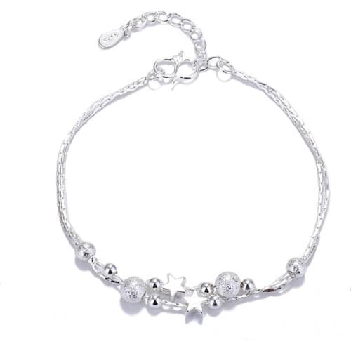 925 Sterling Silver Bangle Bracelets For Womens Chain Double Layer Beaded Ball Star Couples Link Bracelet Birthday Party Gifts