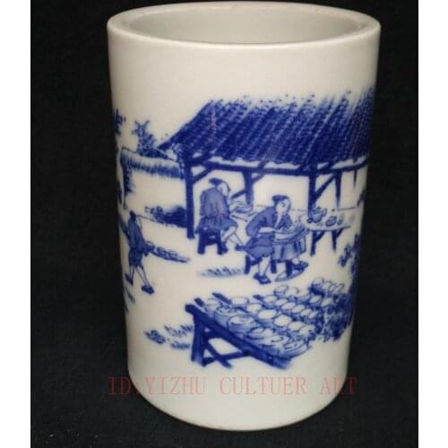 YIZHU CULTUER ART Collection Ancient China Porcelain Painting Figure Scenery Brush Pot Decoration