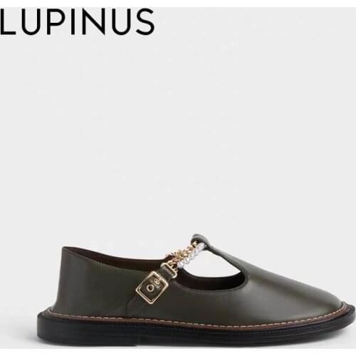 LUPINUS Fashion Gold Chain Design Women Flat Shoe Chic Pearls Women Mary Jane Shoe 2021 New Spring Round Toe Women Princess Shoe