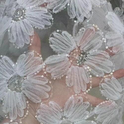 Fashion White Flower Tulle Fabric,Sequin Embroidery Mesh Lace Fabric For Dress,Wedding,,DIY Pink Green Yellow Purple By The Yard