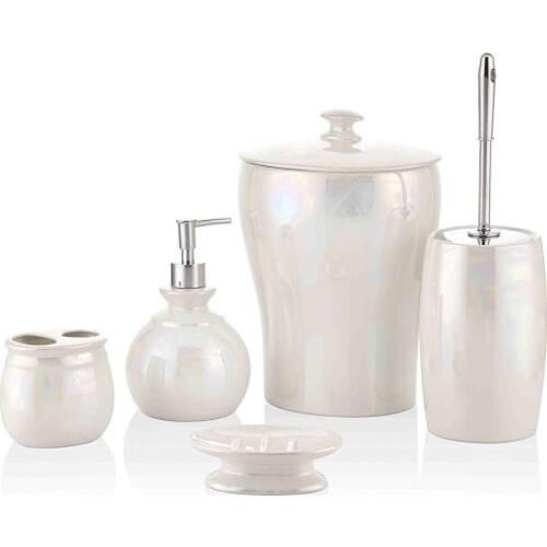The Mia Ceramic Marble Pattern 5 Piece Bathroom Set Nacre Bny0018 BNY0018
