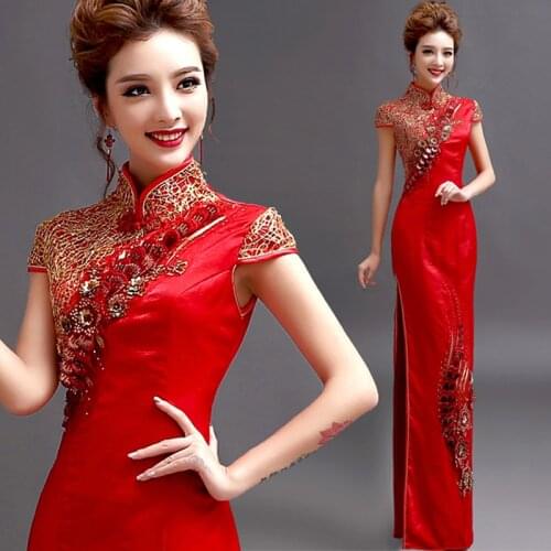 Bride Short Sleeve Satin Cheongsam Modern Chinese Traditional Wedding Dress Qipao Plus Size Women Clothing Long Dresses Evening